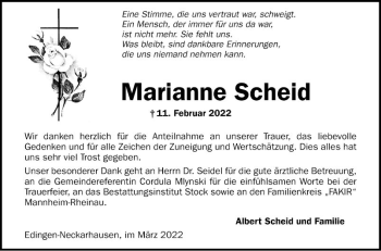 Traueranzeige von Marianne Scheid von Mannheimer Morgen