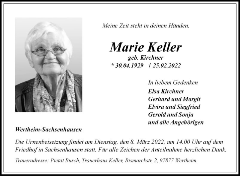 Traueranzeige für Marie Keller vom 05.03.2022 aus Fränkische Nachrichten