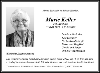 Traueranzeige von Marie Keller von Fränkische Nachrichten