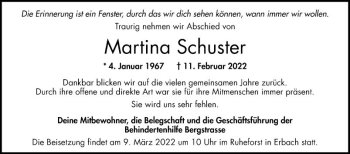 Traueranzeige von Martina Schuster von Bergsträßer Anzeiger