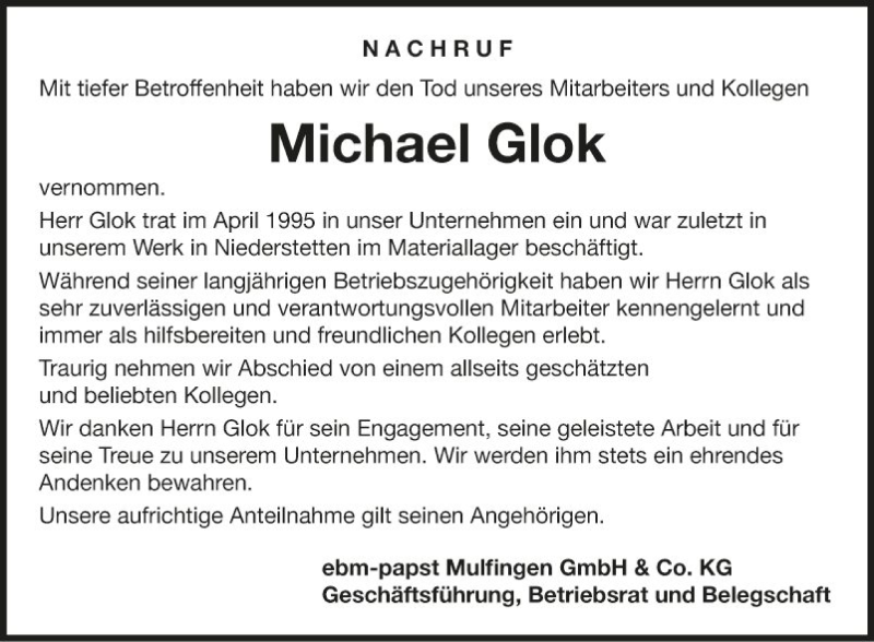  Traueranzeige für Michael Glok vom 01.04.2022 aus Fränkische Nachrichten