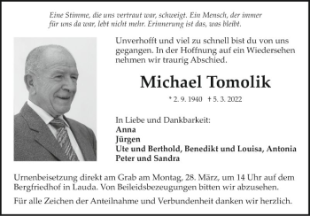 Traueranzeige von Michael Tomolik von Fränkische Nachrichten