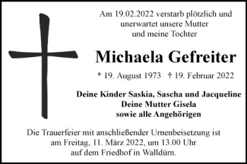 Traueranzeige von Michaela Gefreiter von Fränkische Nachrichten