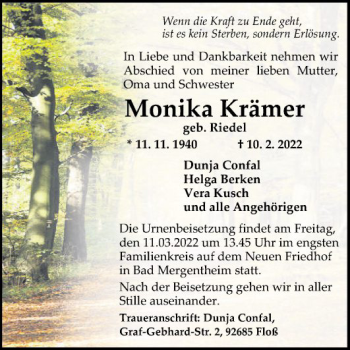 Traueranzeige von Monika Krämer von Fränkische Nachrichten