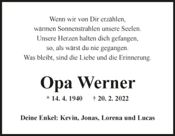 Traueranzeige von Opa Werner von Fränkische Nachrichten