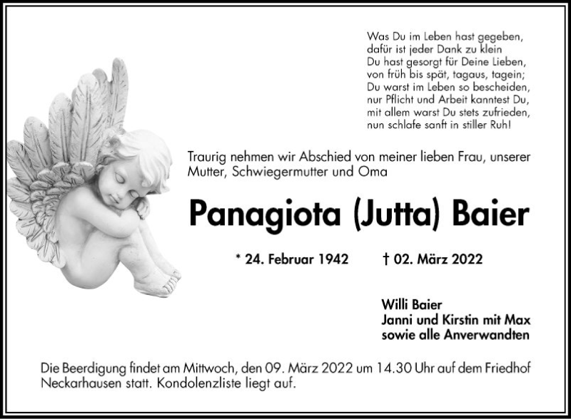  Traueranzeige für Panagiota Jutta Baier vom 05.03.2022 aus Mannheimer Morgen