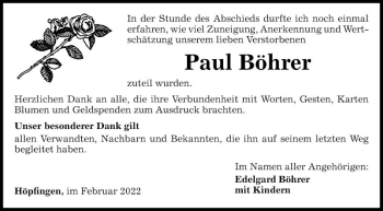 Traueranzeige von Paul Böhrer von Fränkische Nachrichten