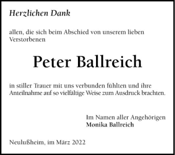 Traueranzeige von Peter Ballreich von Schwetzinger Zeitung