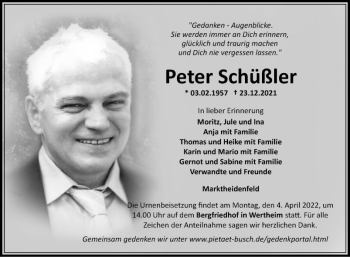 Traueranzeige von Peter Schüßler von Fränkische Nachrichten