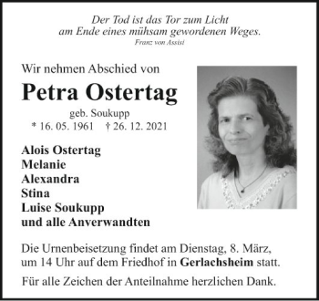 Traueranzeige von Petra Ostertag von Fränkische Nachrichten