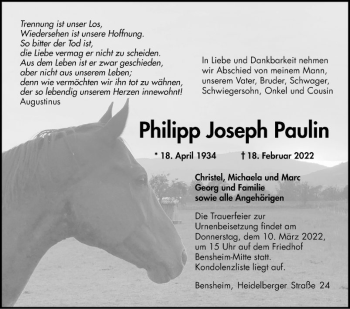 Traueranzeige von Philipp Joseph Paulin von Bergsträßer Anzeiger