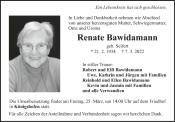 Traueranzeige von Renate Bawidamann von Fränkische Nachrichten