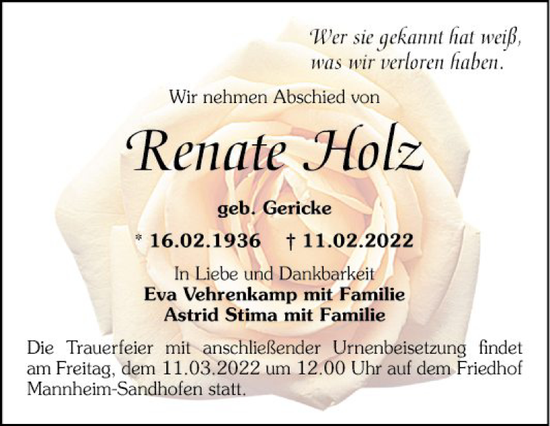  Traueranzeige für Renate Holz vom 05.03.2022 aus Mannheimer Morgen
