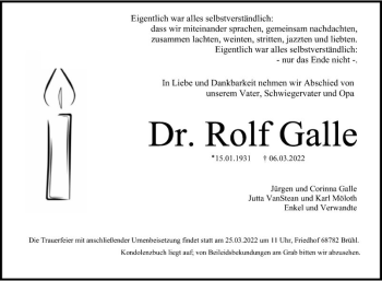 Traueranzeige von Rolf Galle von Mannheimer Morgen