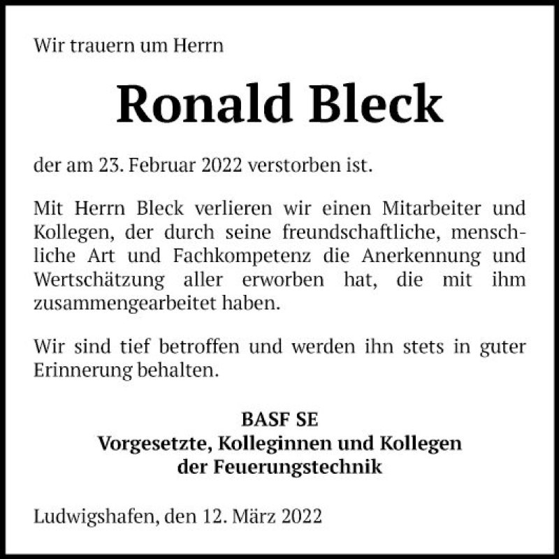  Traueranzeige für Ronald Bleck vom 12.03.2022 aus Schwetzinger Zeitung