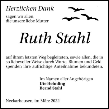 Traueranzeige von Ruth Stahl von Mannheimer Morgen
