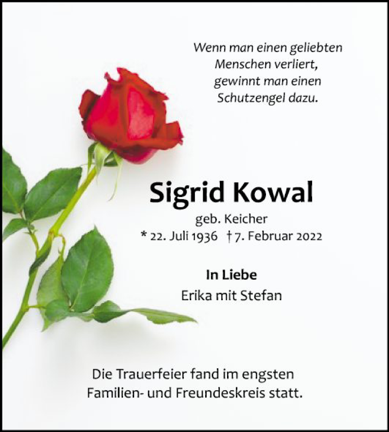  Traueranzeige für Sigrid Kowal vom 26.02.2022 aus Mannheimer Morgen