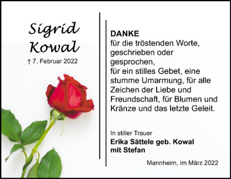  Traueranzeige für Sigrid Kowal vom 05.03.2022 aus Mannheimer Morgen