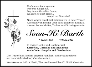 Traueranzeige von Soon-Hi Barth von Mannheimer Morgen