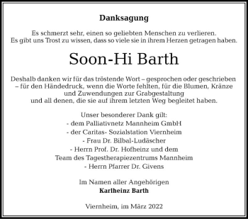 Traueranzeige von Soon-Hi Barth von Mannheimer Morgen