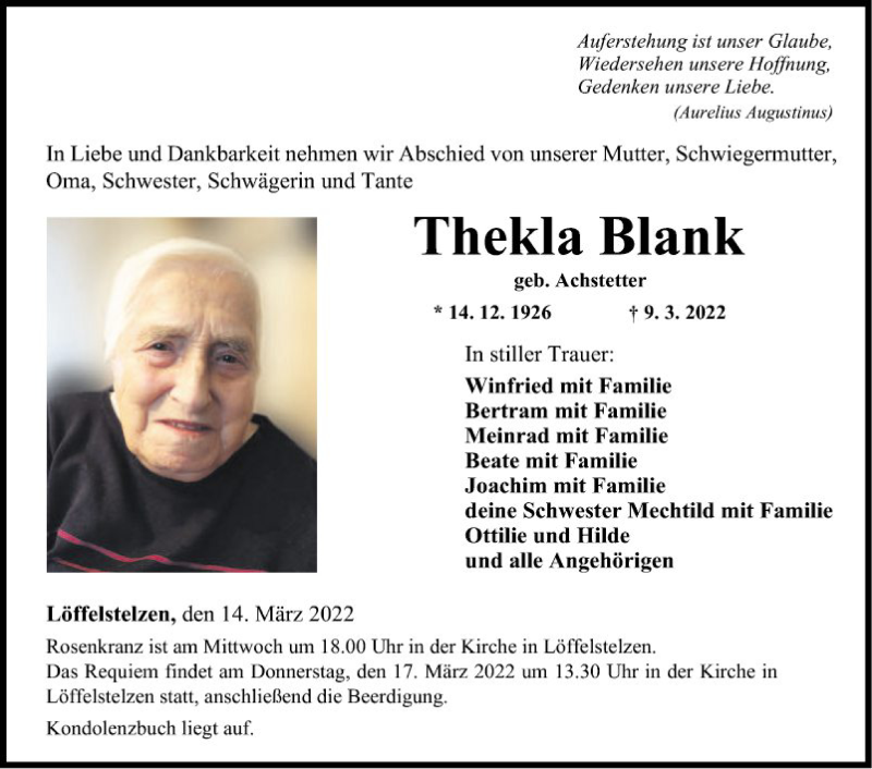  Traueranzeige für Thekla Blank vom 14.03.2022 aus Fränkische Nachrichten