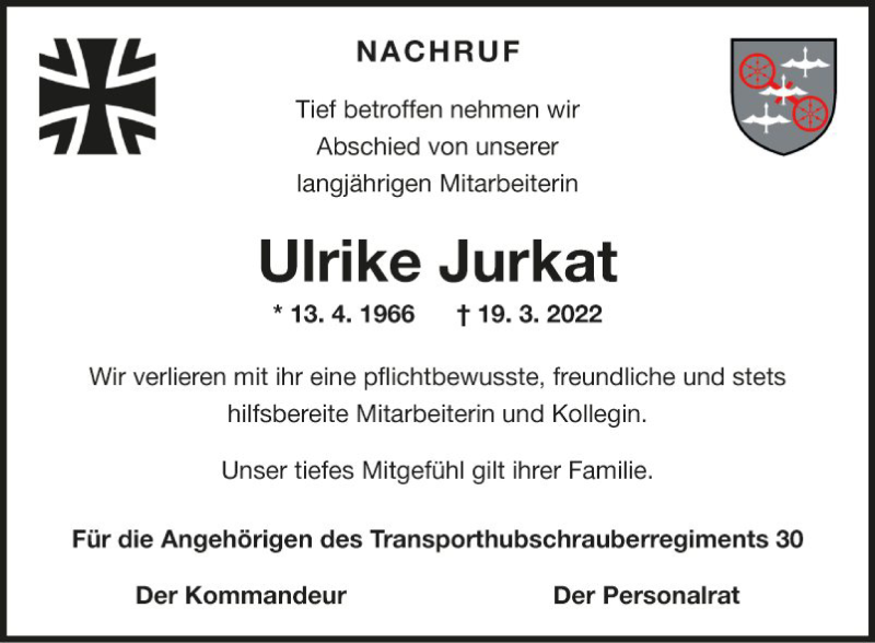  Traueranzeige für Ulrike Jurkat vom 30.03.2022 aus Fränkische Nachrichten