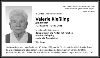 Traueranzeige von Valerie Kießling von Fränkische Nachrichten