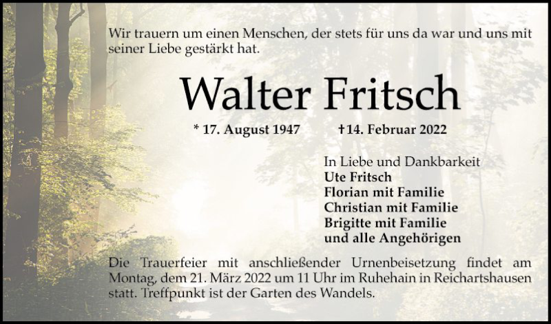  Traueranzeige für Walter Fritsch vom 05.03.2022 aus Schwetzinger Zeitung