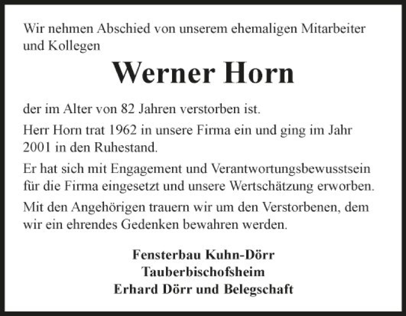  Traueranzeige für Werner Horn vom 08.03.2022 aus Fränkische Nachrichten