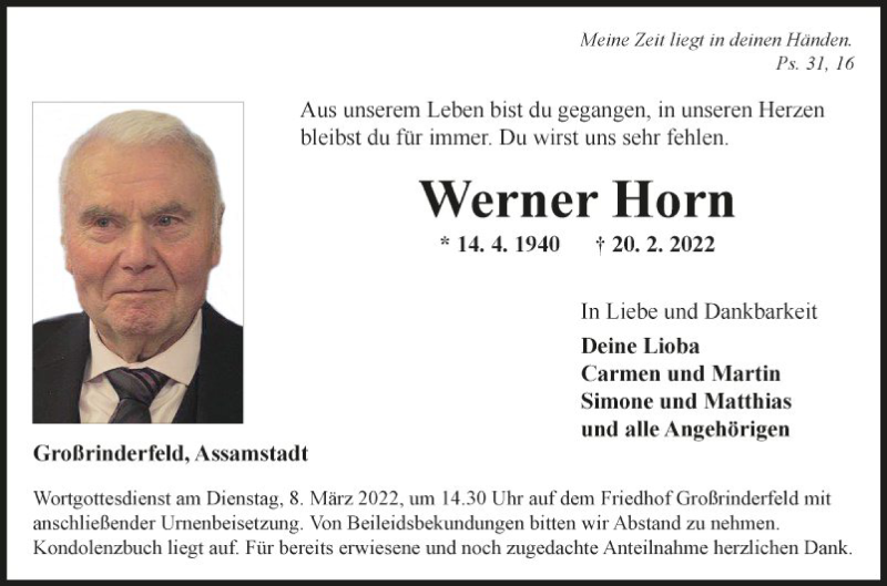  Traueranzeige für Werner Horn vom 05.03.2022 aus Fränkische Nachrichten