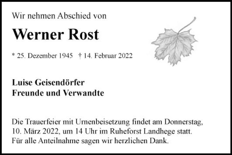  Traueranzeige für Werner Rost vom 26.02.2022 aus Fränkische Nachrichten