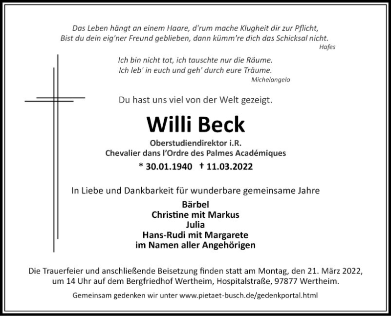  Traueranzeige für Willi Beck vom 16.03.2022 aus Fränkische Nachrichten