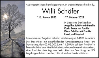 Traueranzeige von Willi Schäfer von Bergsträßer Anzeiger