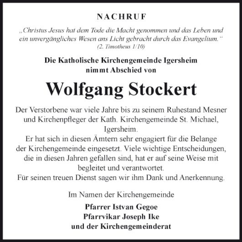  Traueranzeige für Wolfgang Stockert vom 04.03.2022 aus Fränkische Nachrichten