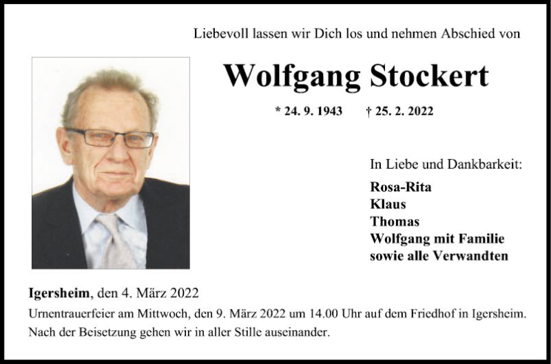  Traueranzeige für Wolfgang Stockert vom 04.03.2022 aus Fränkische Nachrichten