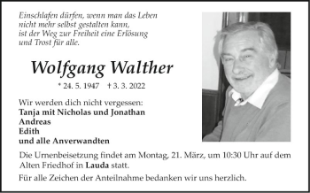 Traueranzeige von Wolfgang Walther von Fränkische Nachrichten