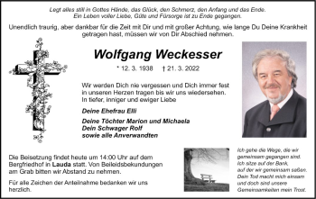 Traueranzeige von Wolfgang Weckesser von Fränkische Nachrichten