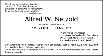 Traueranzeige von Alfred W. Netzold von Schwetzinger Zeitung