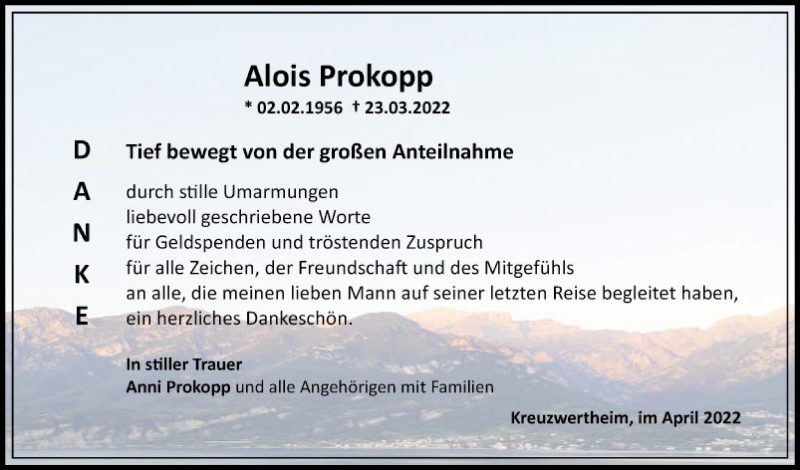  Traueranzeige für Alois Prokopp vom 23.04.2022 aus Fränkische Nachrichten