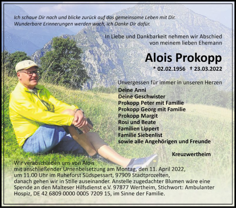  Traueranzeige für Alois Prokopp vom 02.04.2022 aus Fränkische Nachrichten