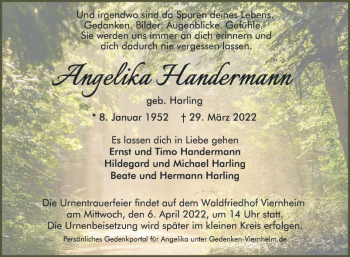 Traueranzeige von Angelika Handermann von Mannheimer Morgen