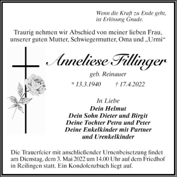 Traueranzeige von Anneliese Fillinger von Schwetzinger Zeitung