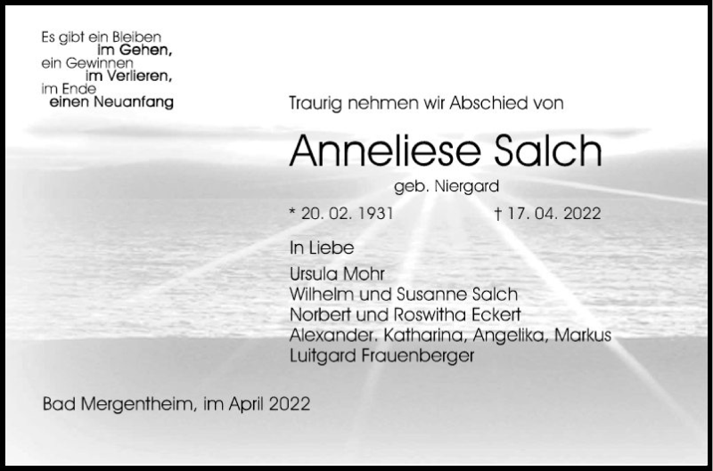  Traueranzeige für Anneliese Salch vom 23.04.2022 aus Fränkische Nachrichten