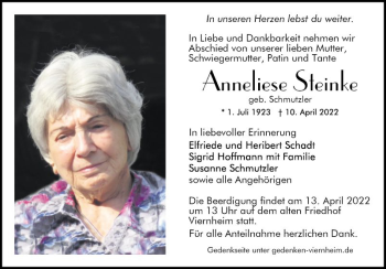 Traueranzeige von Anneliese Steinke von Mannheimer Morgen