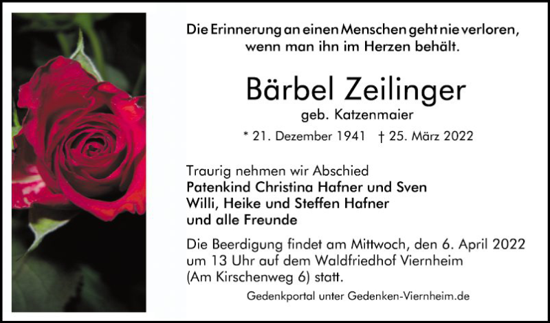  Traueranzeige für Bärbel Zeilinger vom 02.04.2022 aus Mannheimer Morgen
