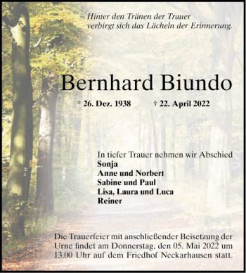 Traueranzeige von Berrnhard Biundo von Mannheimer Morgen