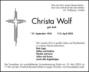 Traueranzeige von Christa Wolf von Bergsträßer Anzeiger