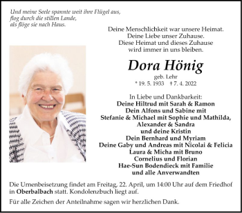 Traueranzeige von Dora Hönig von Fränkische Nachrichten