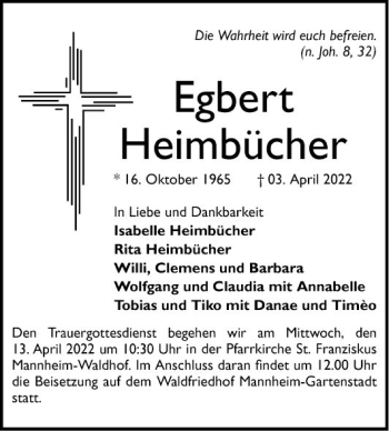 Traueranzeige von Egbert Heimbücher von Mannheimer Morgen