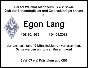 Traueranzeige von Egon Lang von Mannheimer Morgen